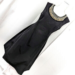 ALFANI! STUNNING! ELEGANT JEWEL & PEARL ENCRUSTED NECK BLACK SHELL DRESS! SZ 6